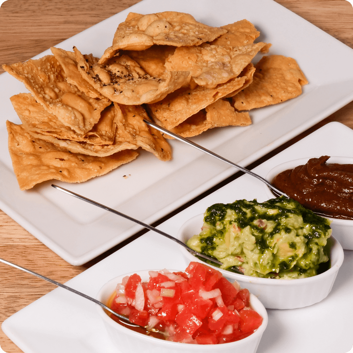 house corn tortilla with 3 types of salsa